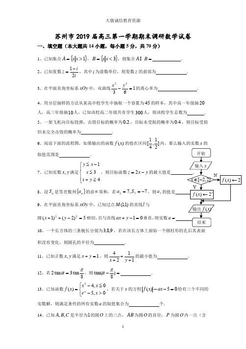 苏州市2019届高三第一学期期末调研数学试卷(后附详尽解析及答案)