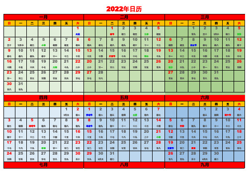 2022年日历表带农历A4可编辑可打印