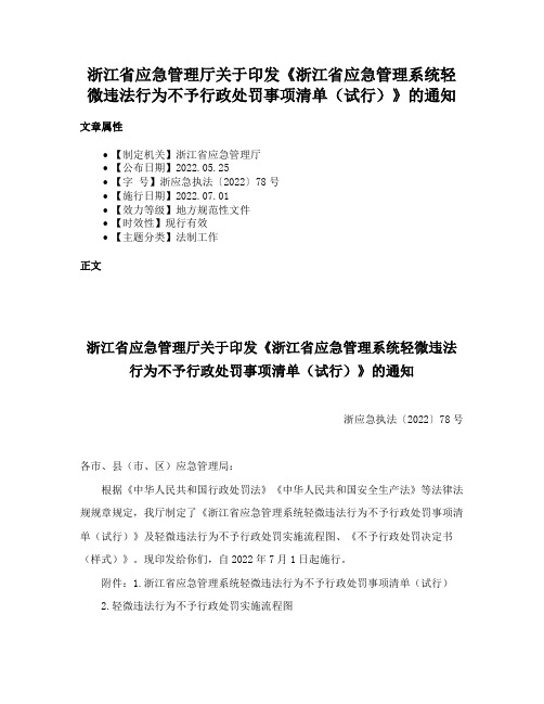 浙江省应急管理厅关于印发《浙江省应急管理系统轻微违法行为不予行政处罚事项清单（试行）》的通知