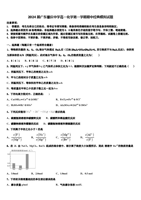 2024届广东肇庆中学高一化学第一学期期中经典模拟试题含解析