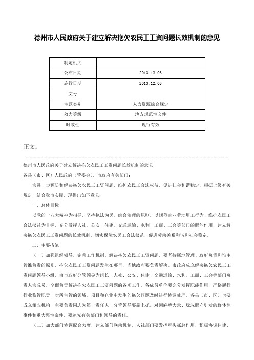 德州市人民政府关于建立解决拖欠农民工工资问题长效机制的意见-