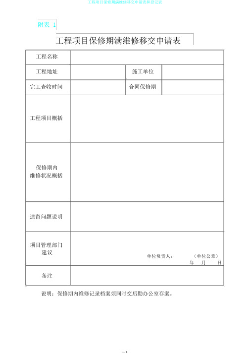 工程项目保修期满维修移交申请表和登记表