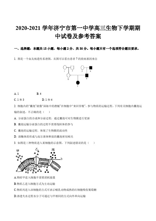 2020-2021学年济宁市第一中学高三生物下学期期中试卷及参考答案