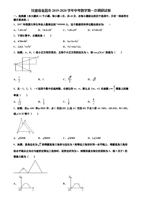 甘肃省金昌市2019-2020学年中考数学第一次调研试卷含解析