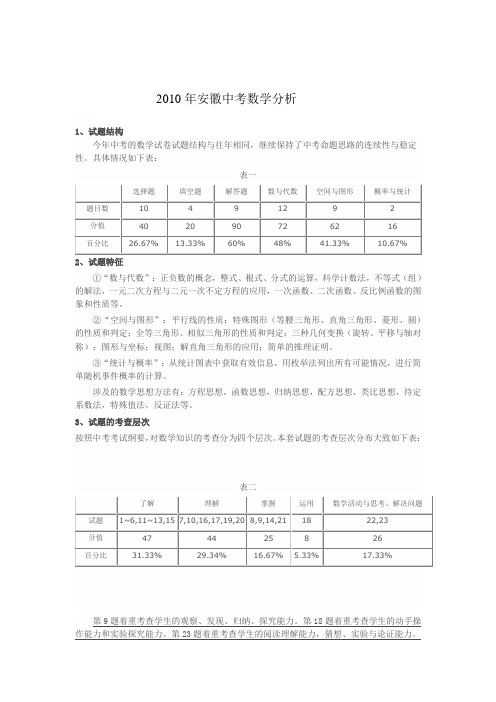 安徽省近五年中考数学试卷知识点分析与总结