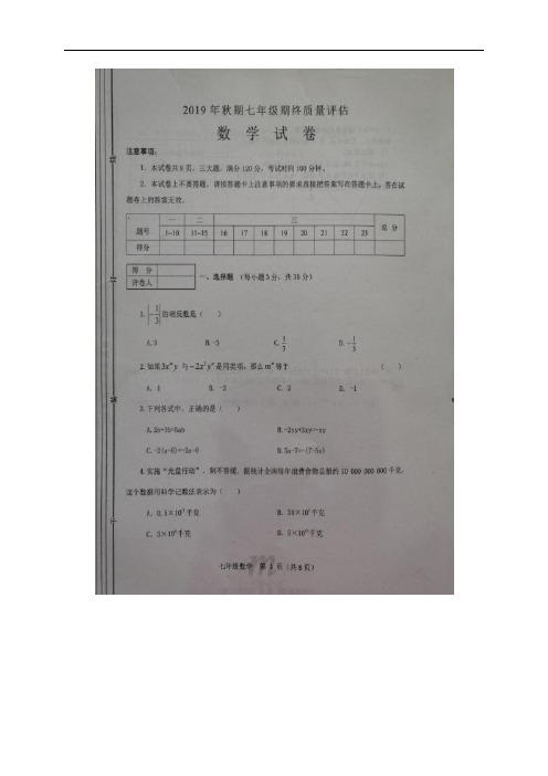 河南省南阳市淅川县2019-2020学年七年级上学期期末数学试题(含答案)