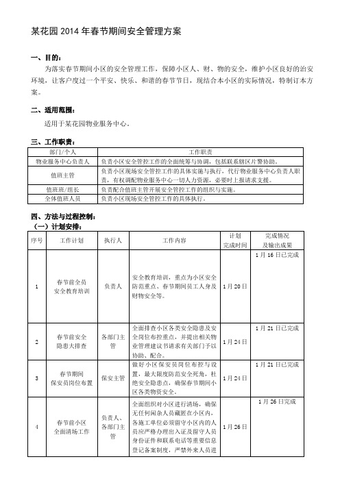 某花园2014年春节期间安全管理方案