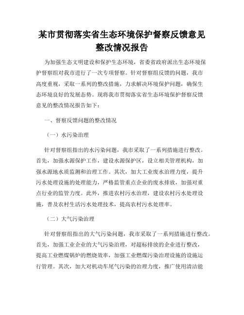 某市贯彻落实省生态环境保护督察反馈意见整改情况报告