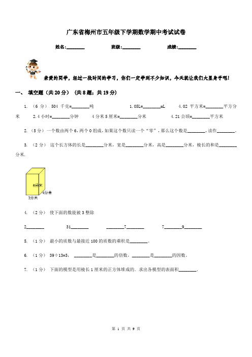 广东省梅州市五年级下学期数学期中考试试卷