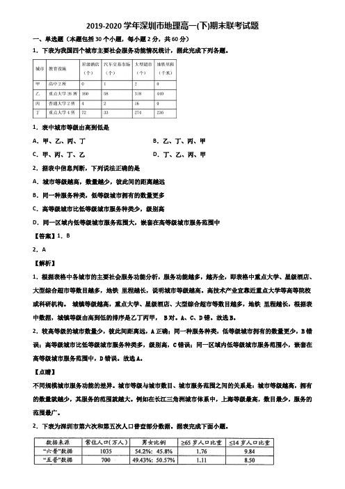 2019-2020学年深圳市地理高一(下)期末联考试题含解析