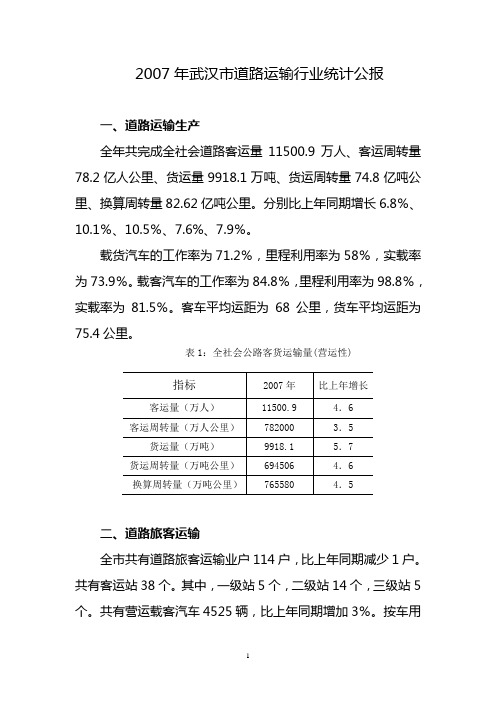 2007年武汉市道路运输行业统计公报