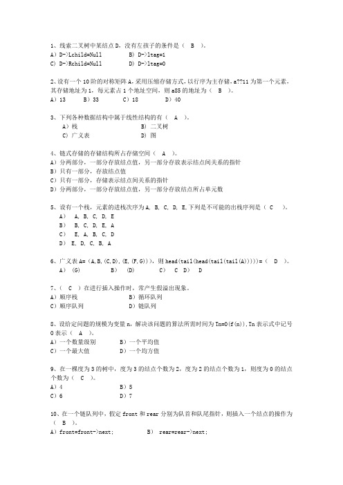 2012山东省数据结构(C++)理论考试试题及答案