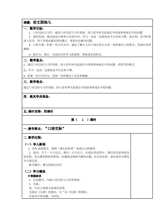 小学语文四年级上册《语文园地七》4课时表格式集体备课教案