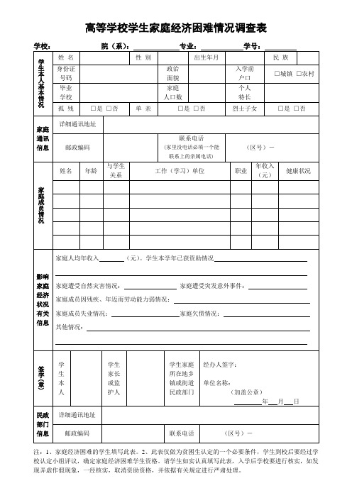 家庭经济困难情况表