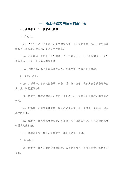 一年级上册语文书后面的生字表