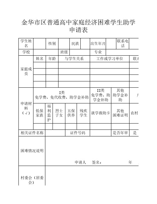 普通高中家庭经济困难学生国家助学金申请表