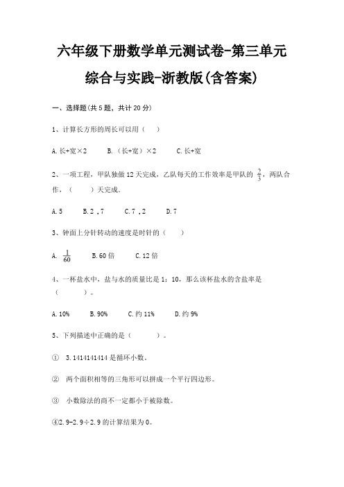 六年级下册数学单元测试卷-第三单元 综合与实践-浙教版(含答案)