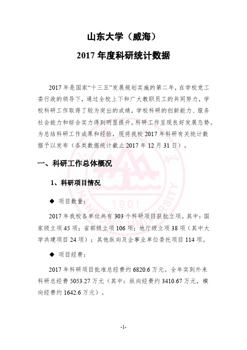 山东大学威海2017科研统计数据