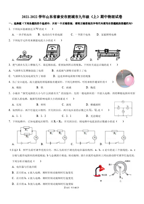 2021-2022学年山东省泰安市肥城市九年级(上)期中物理试卷