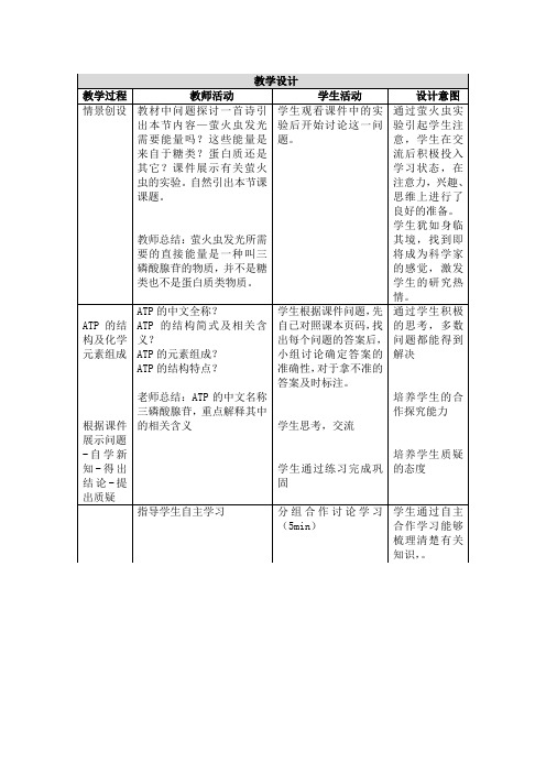 高中生物_细胞的能量“通货”——ATP教学设计学情分析教材分析课后反思