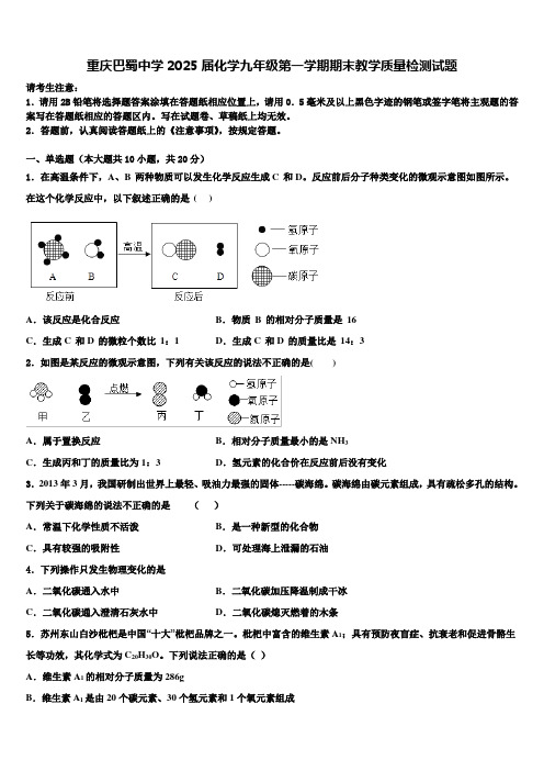 重庆巴蜀中学2025届化学九年级第一学期期末教学质量检测试题含解析