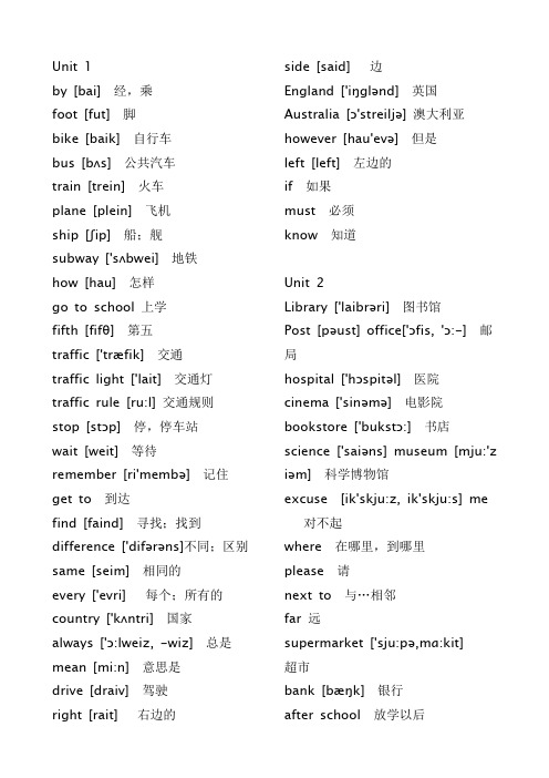 英语六年级上册单词表带音标