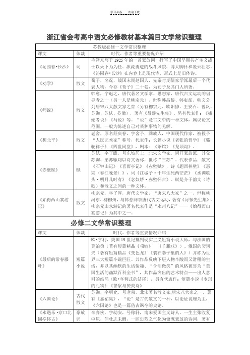 浙江省会考高中语文必修教材基本篇目文学常识整理