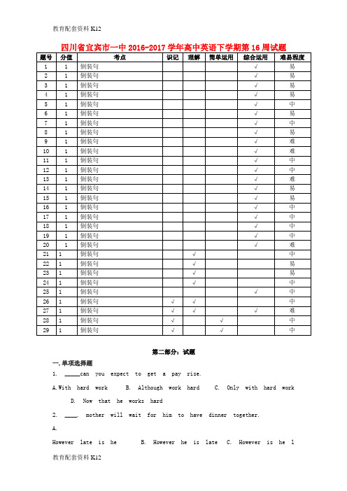 【配套K12】四川省宜宾市一中2016-2017学年高中英语下学期第16周试题