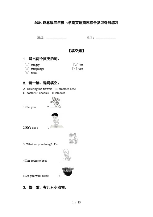 2024译林版三年级上学期英语期末综合复习针对练习