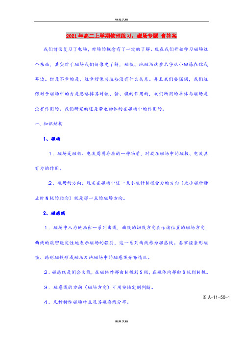 2021年高二上学期物理练习：磁场专题 含答案