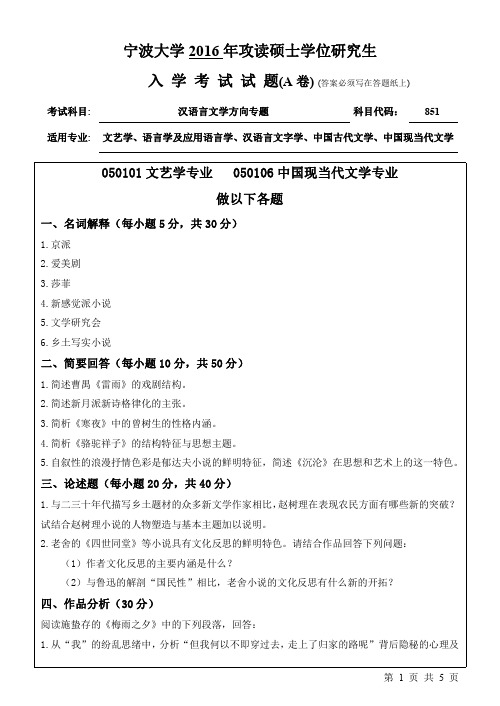 宁波大学851汉语言文学方向专题(A卷)2016年考研真题