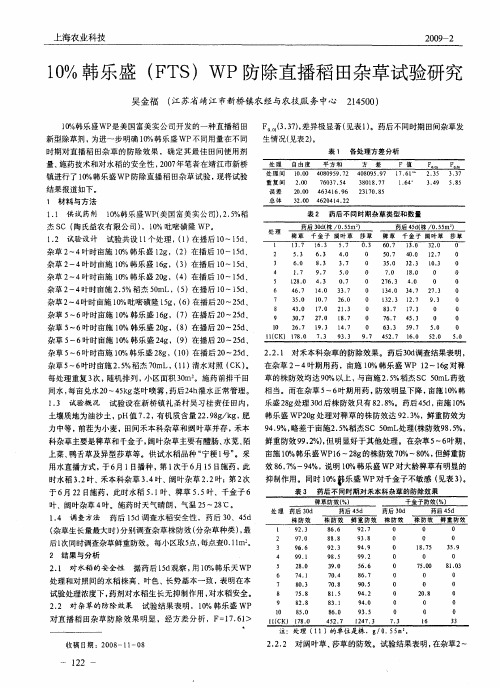 10%韩乐盛(FTS)WP防除直播稻田杂草试验研究