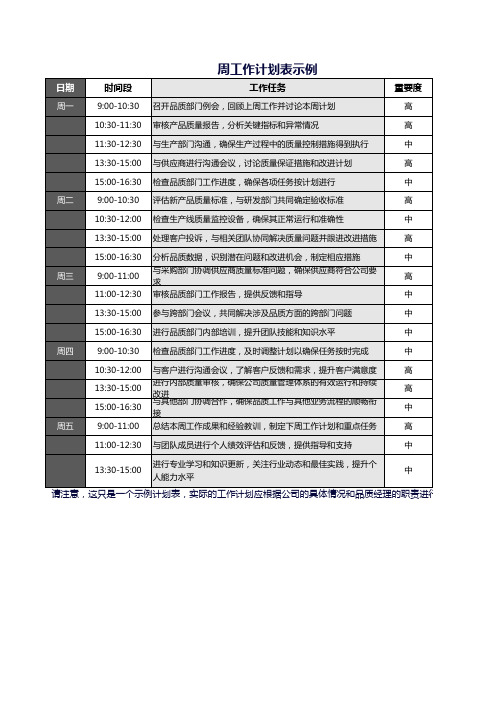 周工作计划模板excel