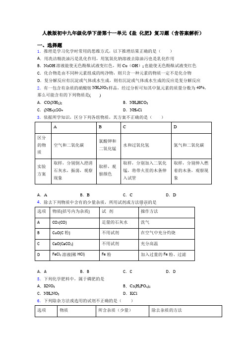 人教版初中九年级化学下册第十一单元《盐 化肥》复习题(含答案解析)