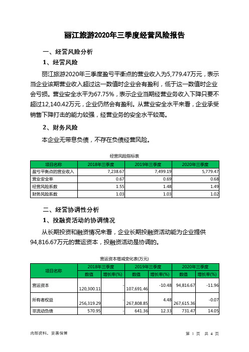 丽江旅游2020年三季度经营风险报告