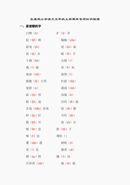 长春版小学语文五年级上册期末专项知识梳理
