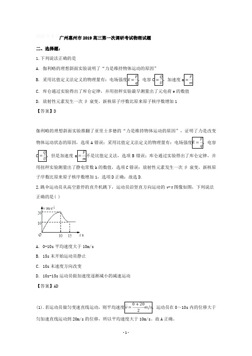 广东省广州惠州市2019届高三第一次调研考试物理试题含详解