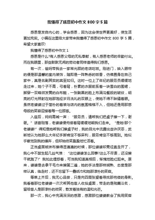 我懂得了感恩初中作文800字5篇