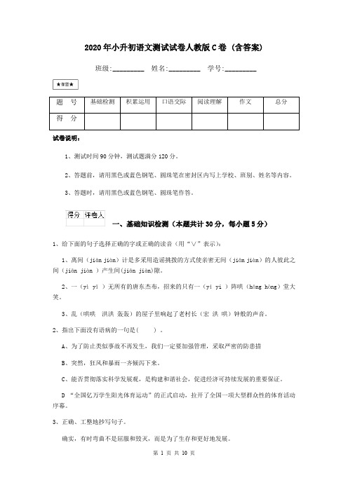 2020年小升初语文测试试卷人教版C卷 (含答案)