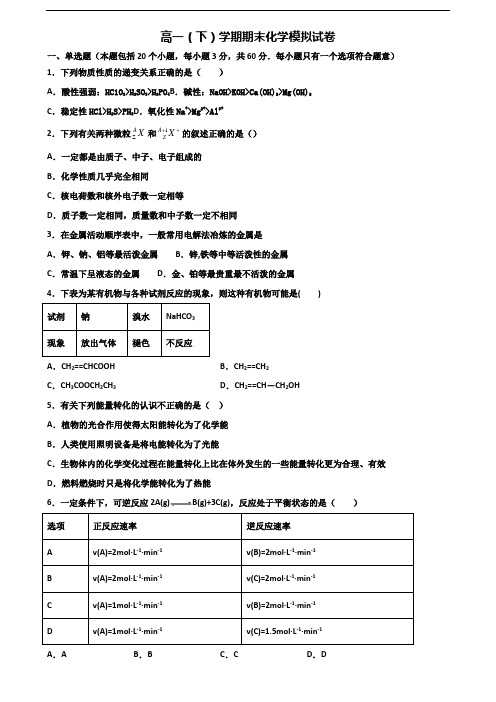 安徽省亳州市2019-2020学年新高考高一化学下学期期末达标测试试题