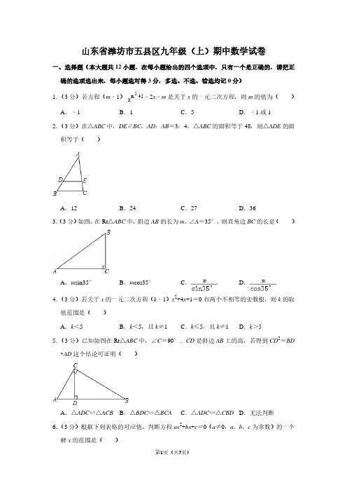 山东省潍坊市五县区九年级(上)期中数学试卷 (2)