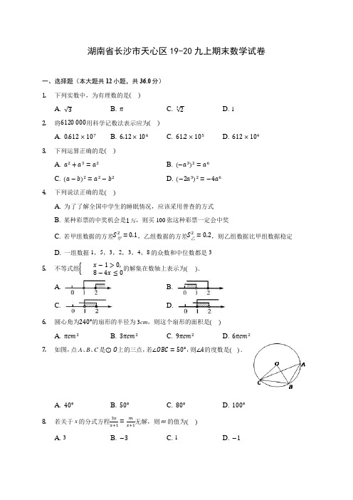 湖南省长沙市天心区19-20九上期末数学试卷 