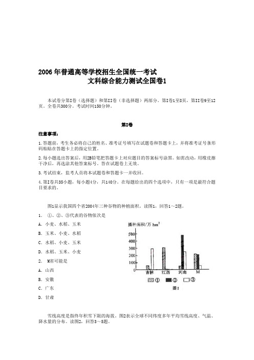 2006年高考试题与答案(全国卷1文综)