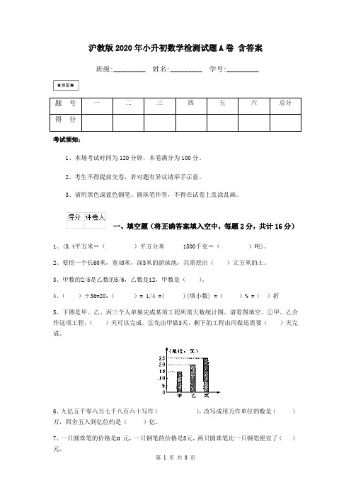 沪教版2020年小升初数学检测试题A卷 含答案