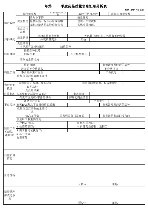 季度药品质量信息汇总表空白表格样板