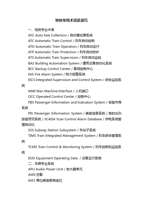 地铁常用术语及简写
