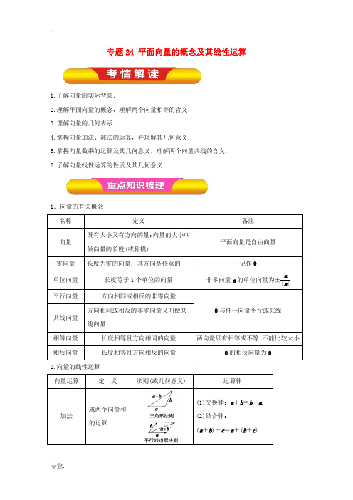 高考数学一轮复习 专题24 平面向量的概念及其线性运算教学案 文-人教版高三全册数学教学案