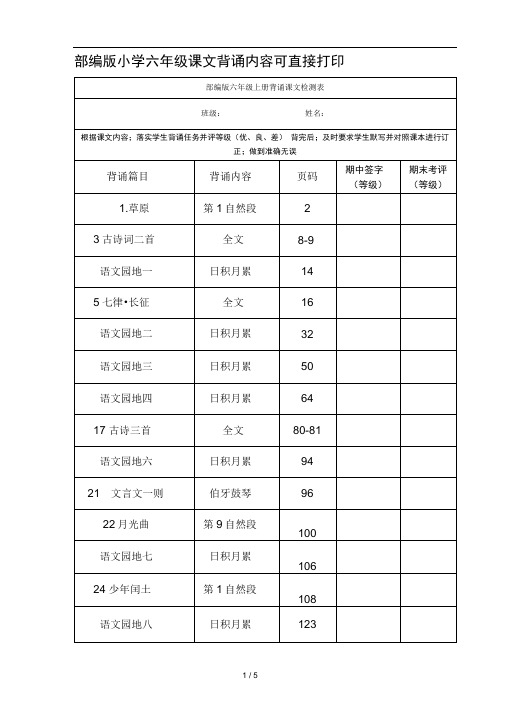 部编版小学六年级课文背诵内容可直接打印