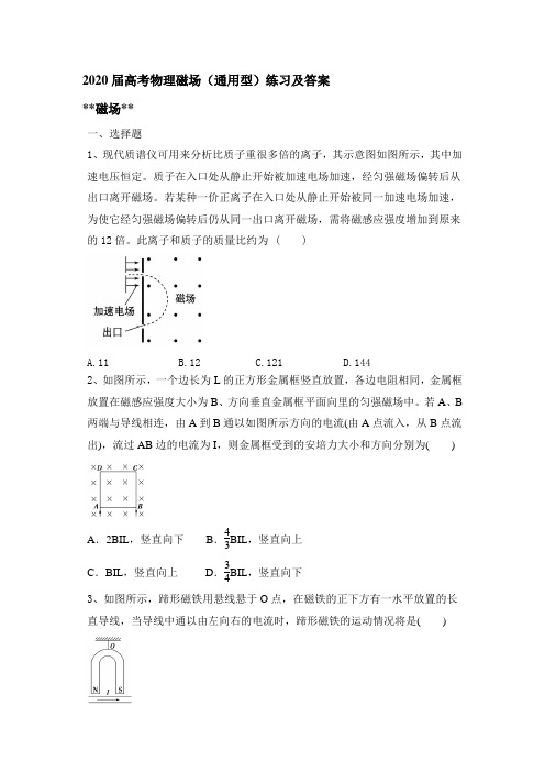 2020高考物理二轮专题复习：磁场(通用型)练习和答案