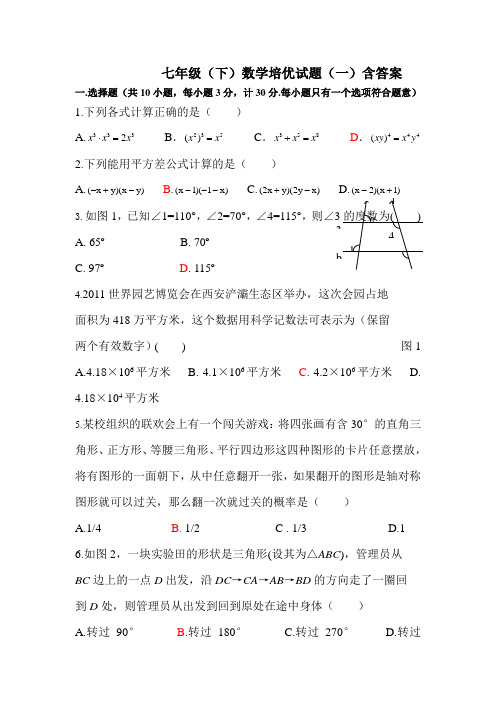 七年级(下)数学培优试题(一)含答案